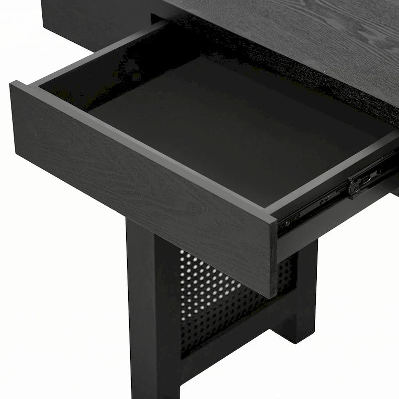 Narrow Console Table with Rattan Accent(Antique Black)