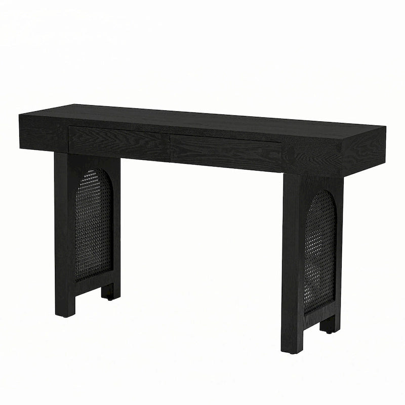 Narrow Console Table with Rattan Accent(Antique Black)