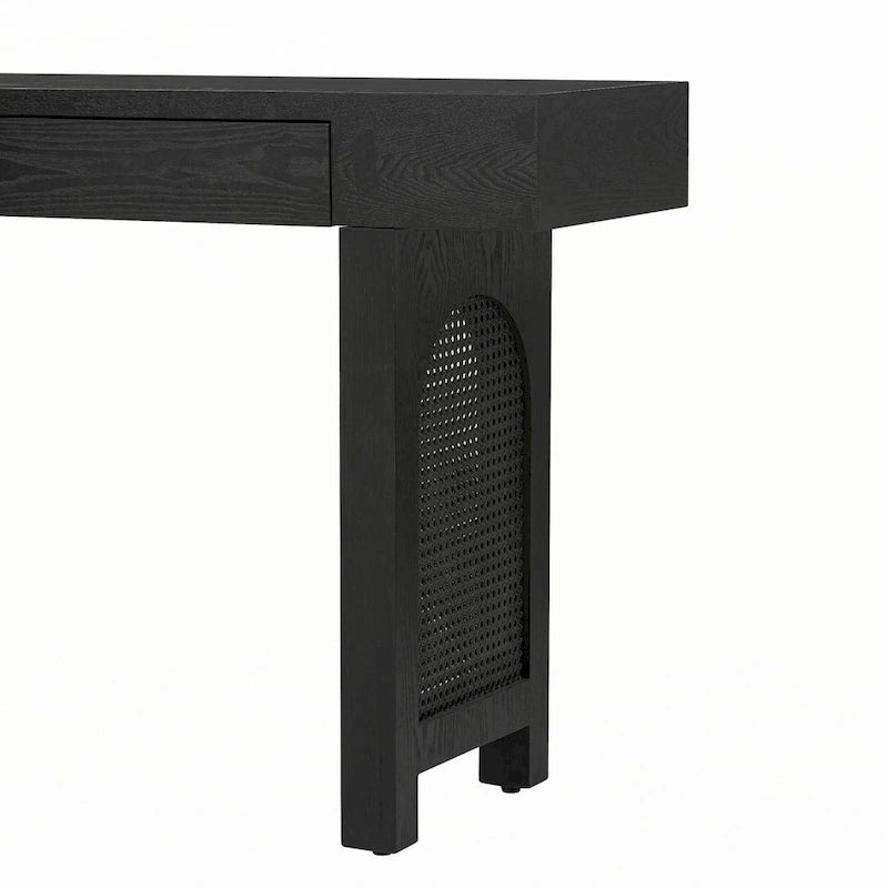 Narrow Console Table with Rattan Accent(Antique Black)