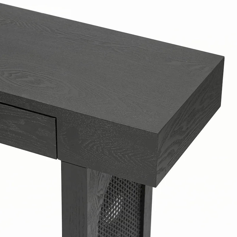 Narrow Console Table with Rattan Accent(Antique Black)