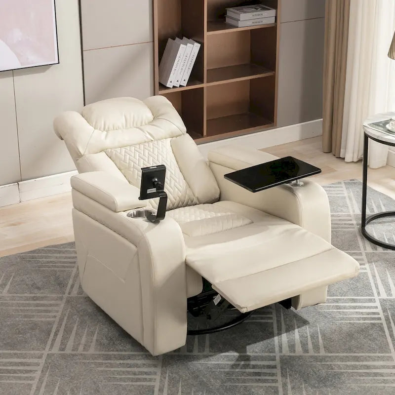 270 Swivel PU Leather Power Recliner with Phone Holder, Cup Holder, USB Port Home Theater Recliner for Living Room