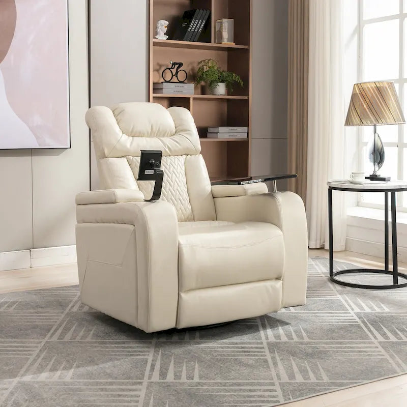 270 Swivel PU Leather Power Recliner with Phone Holder, Cup Holder, USB Port Home Theater Recliner for Living Room