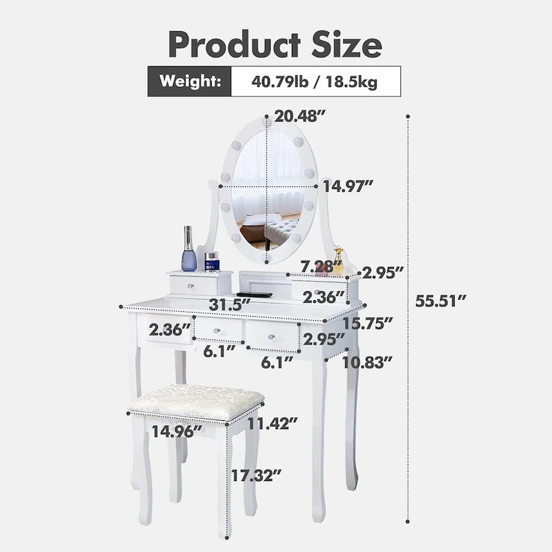 Makeup Vanity Desk Stool Set, Vanity Mirror with Lights Table Set