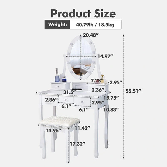 Makeup Vanity Desk Stool Set, Vanity Mirror with Lights Table Set