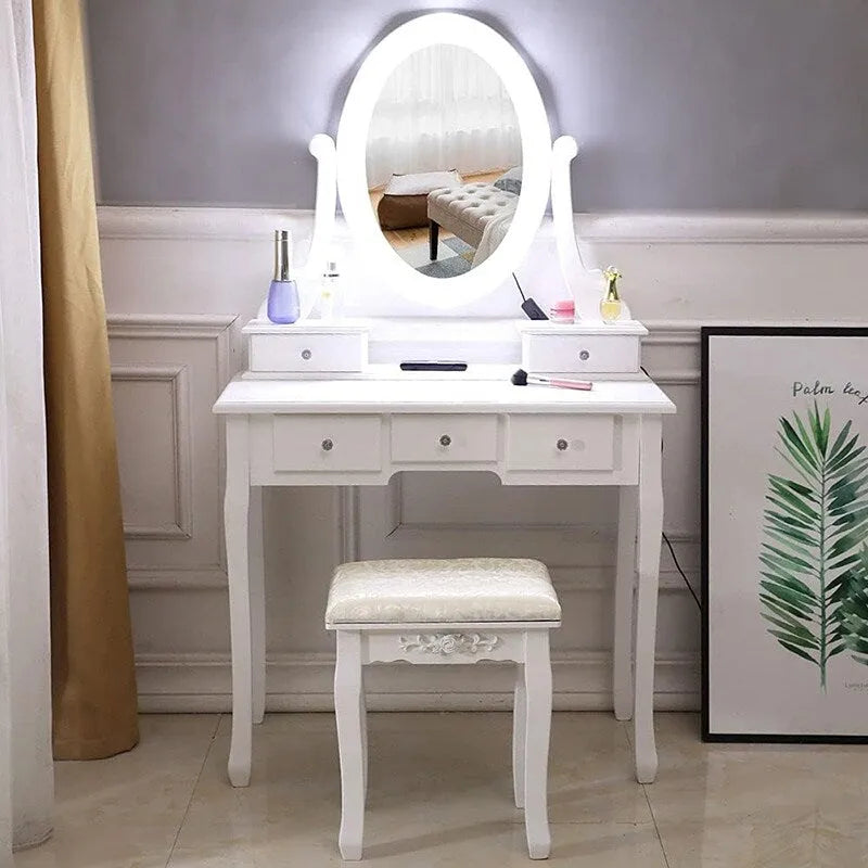 Makeup Vanity Desk Stool Set, Vanity Mirror with Lights Table Set
