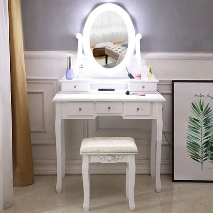 Makeup Vanity Desk Stool Set, Vanity Mirror with Lights Table Set