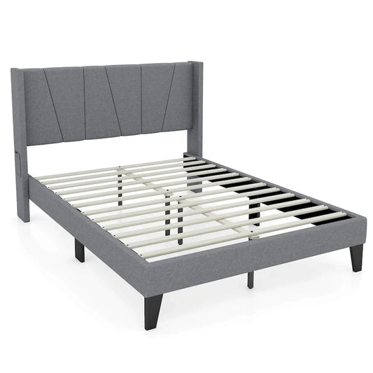 Gymax Full Size Upholstered Bed Frame w/ Elastic Pockets Mattress