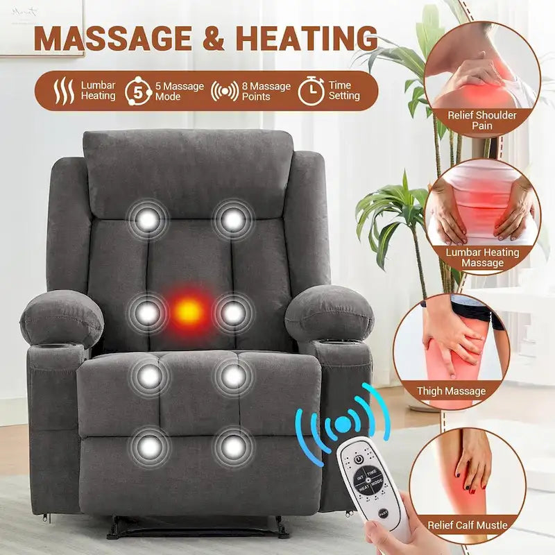 Oversized Manual Recliner Chair with Vibration Massage and Heat, Classic Overstuffed Deep Seat Sofa
