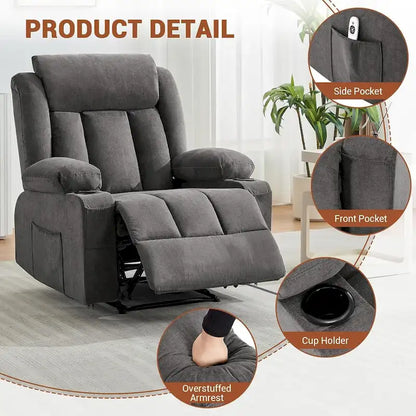 Oversized Manual Recliner Chair with Vibration Massage and Heat, Classic Overstuffed Deep Seat Sofa