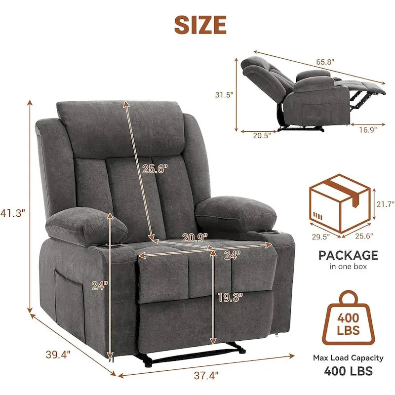 Oversized Manual Recliner Chair with Vibration Massage and Heat, Classic Overstuffed Deep Seat Sofa