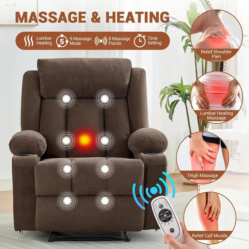 Oversized Manual Recliner Chair with Vibration Massage and Heat, Classic Overstuffed Deep Seat Sofa