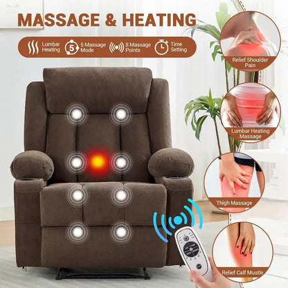 Oversized Manual Recliner Chair with Vibration Massage and Heat, Classic Overstuffed Deep Seat Sofa