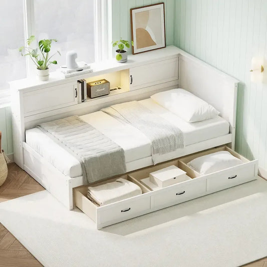 White Corner Bed, L-shaped Daybed, Storage Captains Bed with Drawers, Bookcase Headboard Built-in Charging Station and Lights