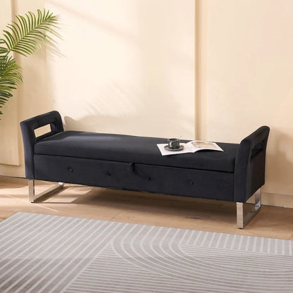 67.91 Velvet Storage Bench with Armrests and Wood Frame for Bedroom