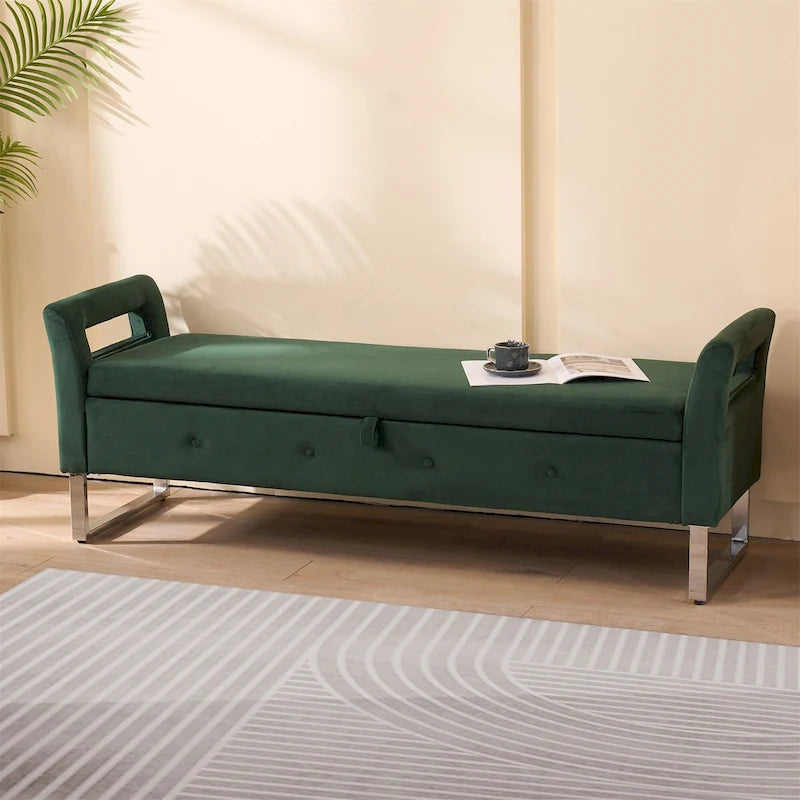 67.91 Velvet Storage Bench with Armrests and Wood Frame for Bedroom