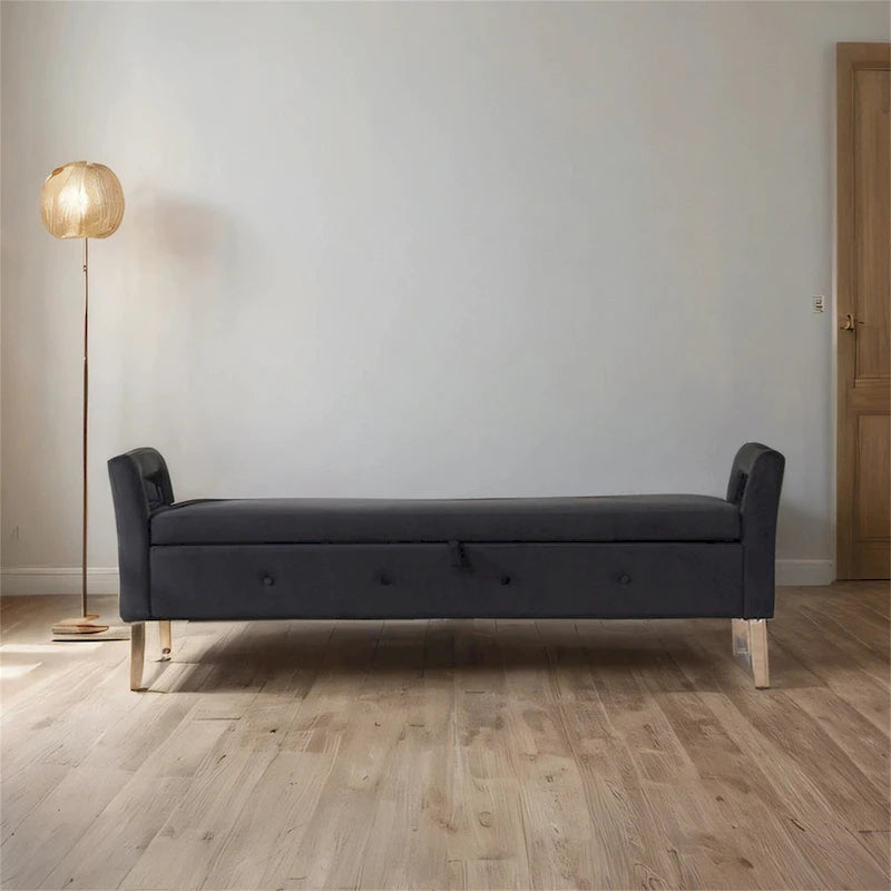 67.91 Velvet Storage Bench with Armrests and Wood Frame for Bedroom