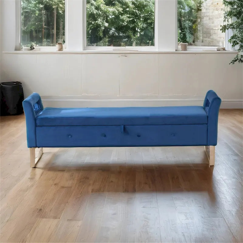 67.91 Velvet Storage Bench with Armrests and Wood Frame for Bedroom