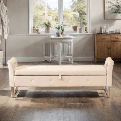 67.91 Velvet Storage Bench with Armrests and Wood Frame for Bedroom