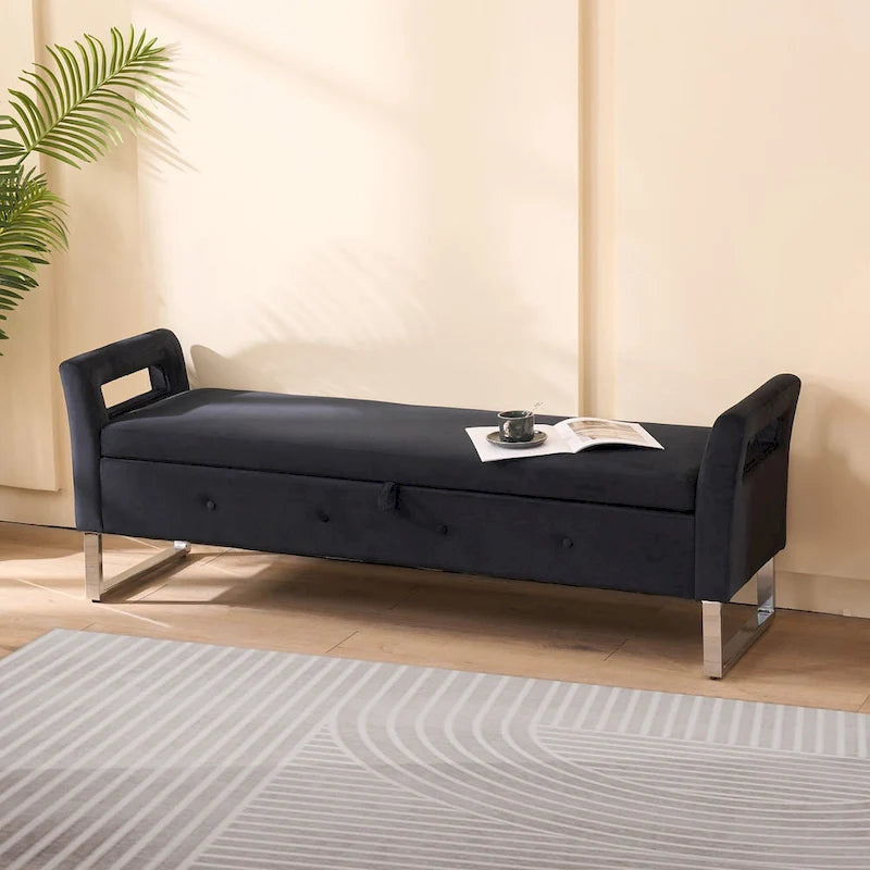 67.91 Velvet Storage Bench with Armrests and Wood Frame for Bedroom