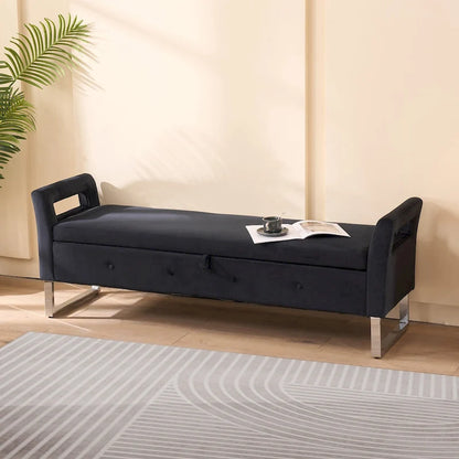 67.91 Velvet Storage Bench with Armrests and Wood Frame for Bedroom