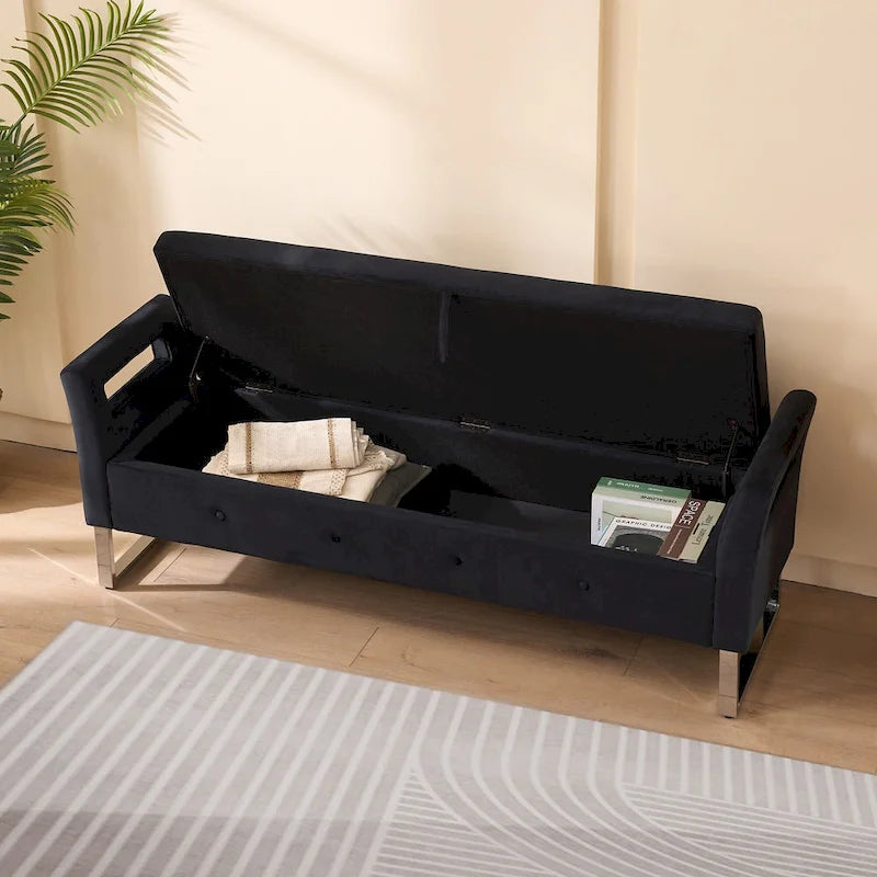 67.91 Velvet Storage Bench with Armrests and Wood Frame for Bedroom