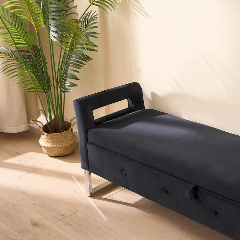 67.91 Velvet Storage Bench with Armrests and Wood Frame for Bedroom
