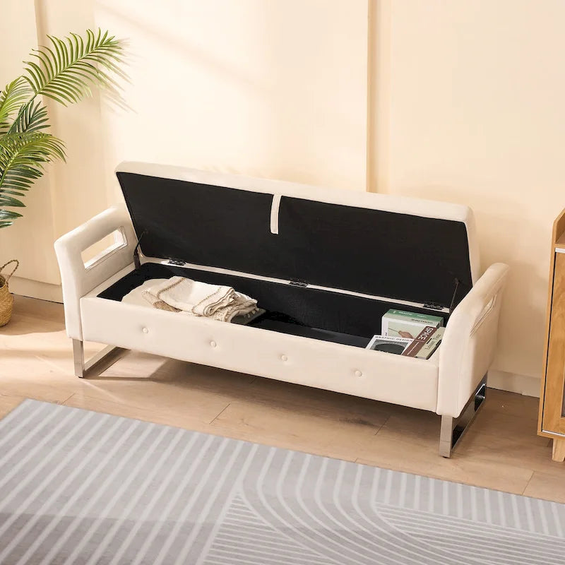 67.91 Velvet Storage Bench with Armrests and Wood Frame for Bedroom