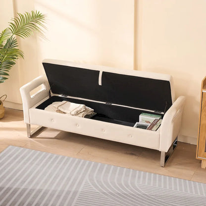 67.91 Velvet Storage Bench with Armrests and Wood Frame for Bedroom