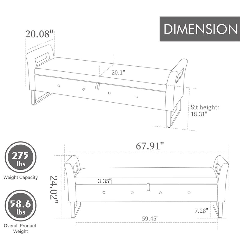 67.91 Velvet Storage Bench with Armrests and Wood Frame for Bedroom
