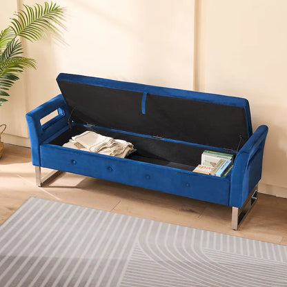 67.91 Velvet Storage Bench with Armrests and Wood Frame for Bedroom