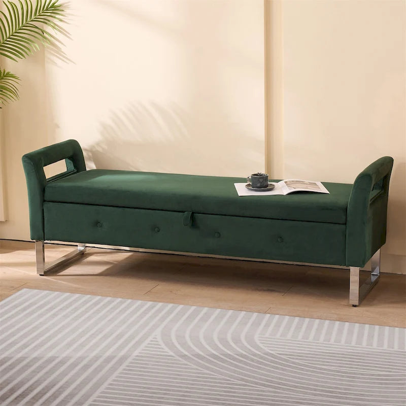 67.91 Velvet Storage Bench with Armrests and Wood Frame for Bedroom