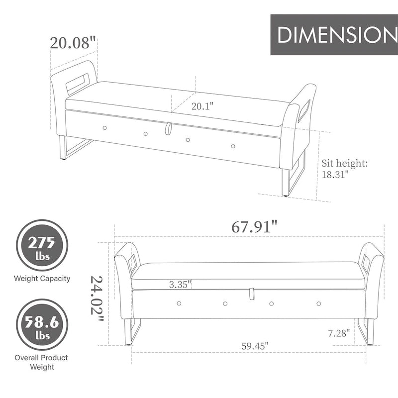67.91 Velvet Storage Bench with Armrests and Wood Frame for Bedroom