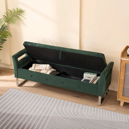 67.91 Velvet Storage Bench with Armrests and Wood Frame for Bedroom