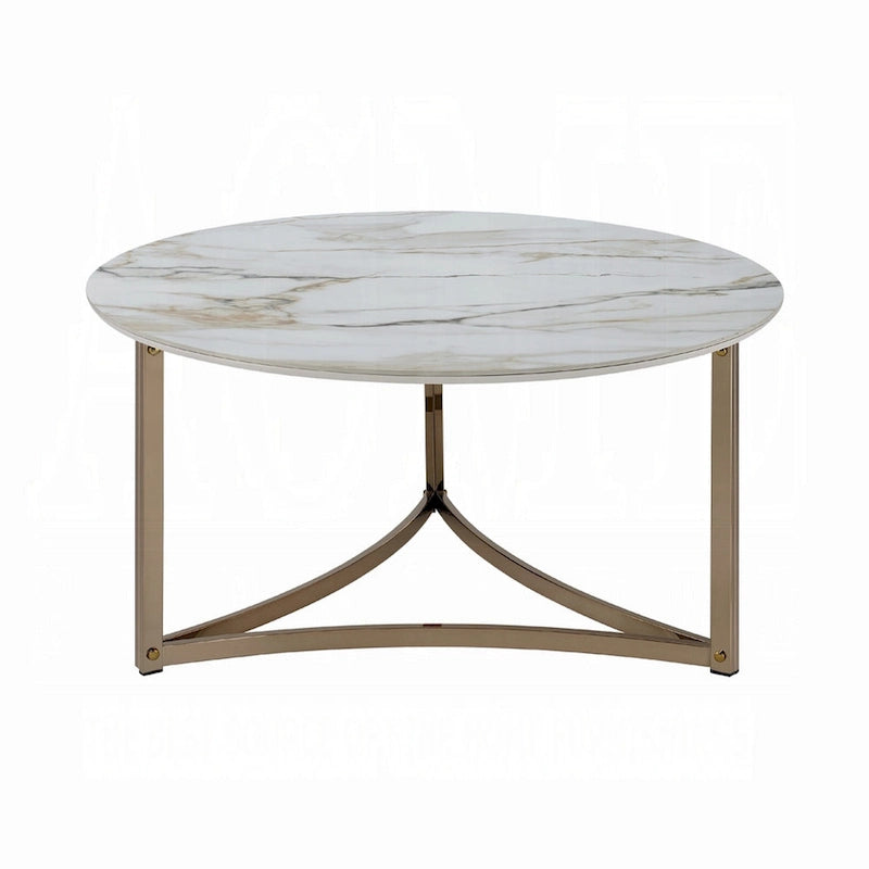 Acor Coffee Table, 35 Inch, Round Sintered Stone Top, White and Gold