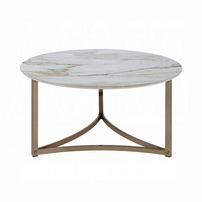 Acor Coffee Table, 35 Inch, Round Sintered Stone Top, White and Gold