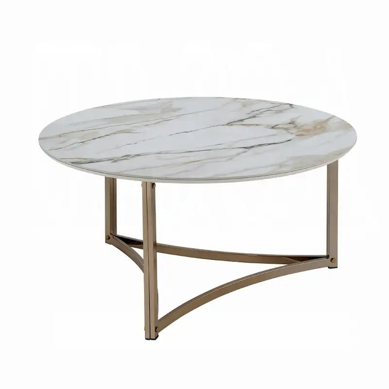 Acor Coffee Table, 35 Inch, Round Sintered Stone Top, White and Gold