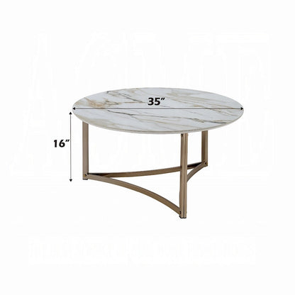 Acor Coffee Table, 35 Inch, Round Sintered Stone Top, White and Gold