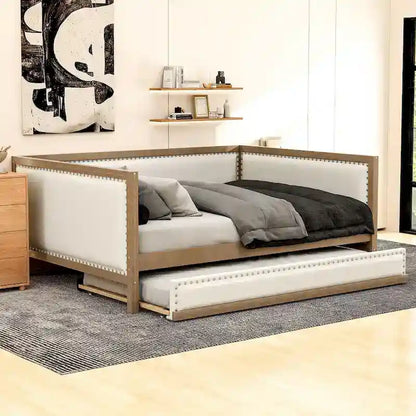 Wood Full Size Upholstered Daybed with Trundle and Nailhead Decor