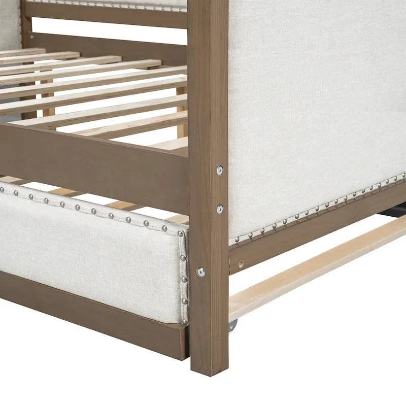 Wood Full Size Upholstered Daybed with Trundle and Nailhead Decor