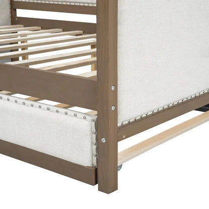 Wood Full Size Upholstered Daybed with Trundle and Nailhead Decor