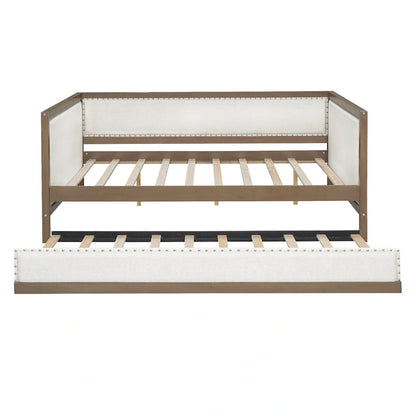 Wood Full Size Upholstered Daybed with Trundle and Nailhead Decor