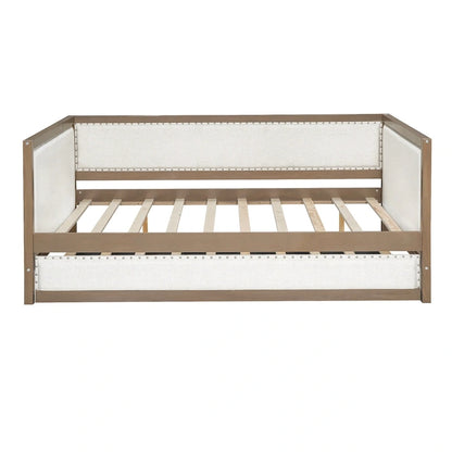 Wood Full Size Upholstered Daybed with Trundle and Nailhead Decor