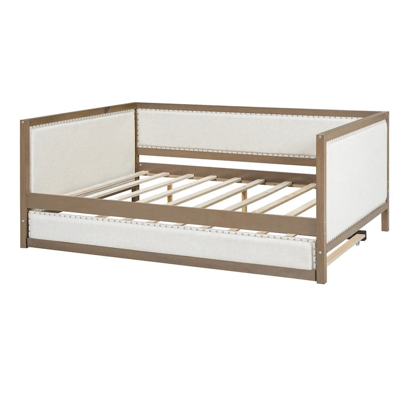 Wood Full Size Upholstered Daybed with Trundle and Nailhead Decor