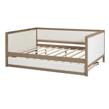 Wood Full Size Upholstered Daybed with Trundle and Nailhead Decor