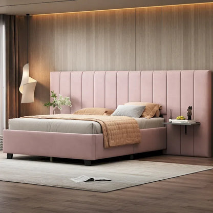 Pink Full Size Modern Style Velvet Upholstered Platform Bed with Big Headboard for Bedroom