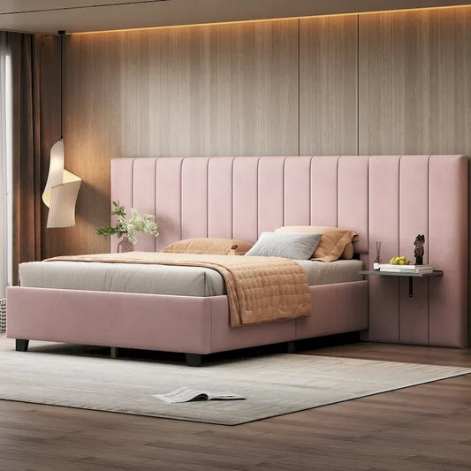 Pink Full Size Modern Style Velvet Upholstered Platform Bed with Big Headboard for Bedroom