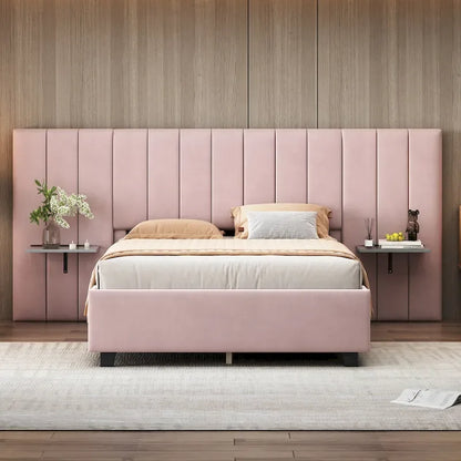 Pink Full Size Modern Style Velvet Upholstered Platform Bed with Big Headboard for Bedroom