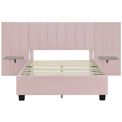 Pink Full Size Modern Style Velvet Upholstered Platform Bed with Big Headboard for Bedroom