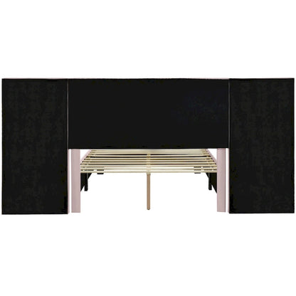 Pink Full Size Modern Style Velvet Upholstered Platform Bed with Big Headboard for Bedroom
