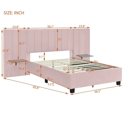 Pink Full Size Modern Style Velvet Upholstered Platform Bed with Big Headboard for Bedroom